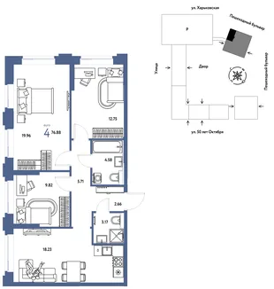 Планировка 4-комн. квартира, 76.88 м² ЖК «Сердце Сибири»
