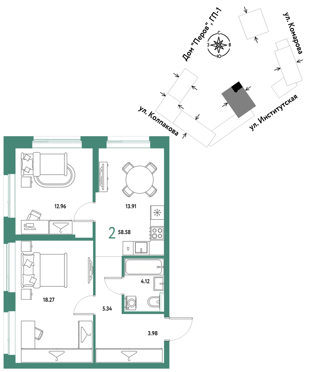 Планировка 2-комн. квартира, 58.58 м² ЖК «Страна.Парковая»
