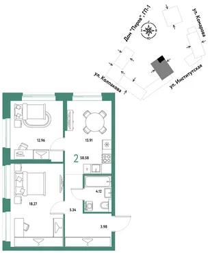 Планировка 2-комн. квартира, 58.58 м² ЖК «Страна.Парковая»