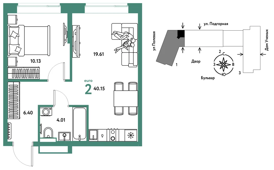 Планировка 2-комн. квартира, 40.24 м² ЖК «Авторский»