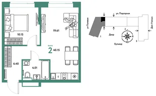 Планировка 2-комн. квартира, 40.24 м² ЖК «Авторский»