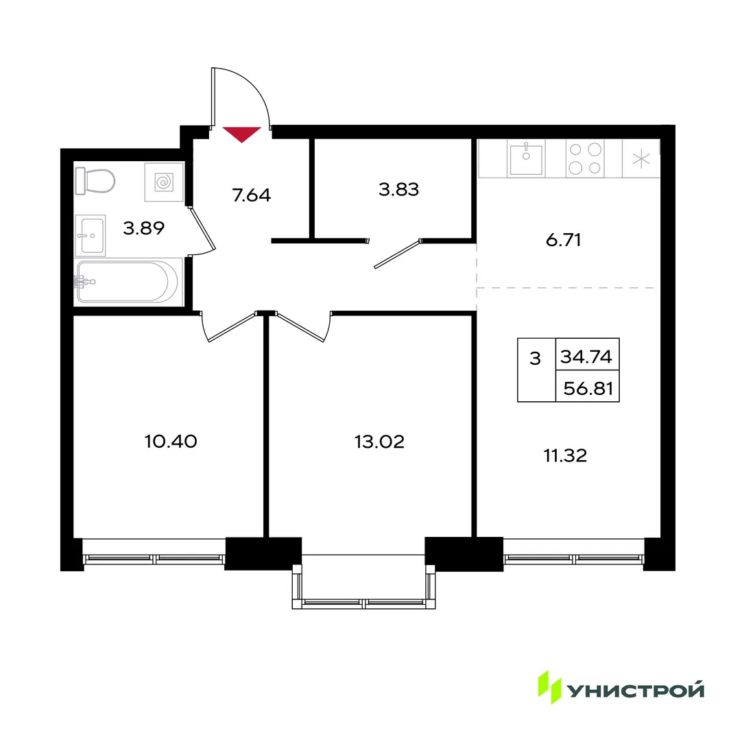 Планировка 3-комн. квартира, 56.81 м² ЖК «Уникум на Энгельса»