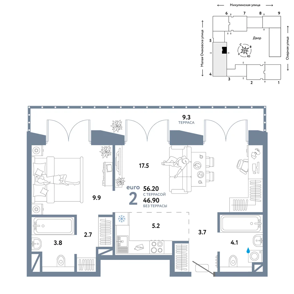 Планировка 2-комн. квартира, 56.2 м² ЖК «Страна.Озёрная»