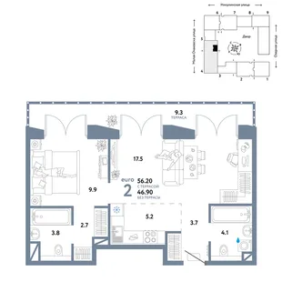 Планировка 2-комн. квартира, 56.2 м² ЖК «Страна.Озёрная»
