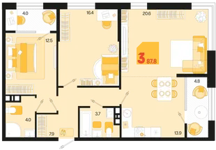 Планировка 3-комн. квартира, 87.8 м² ЖК «Первое место»