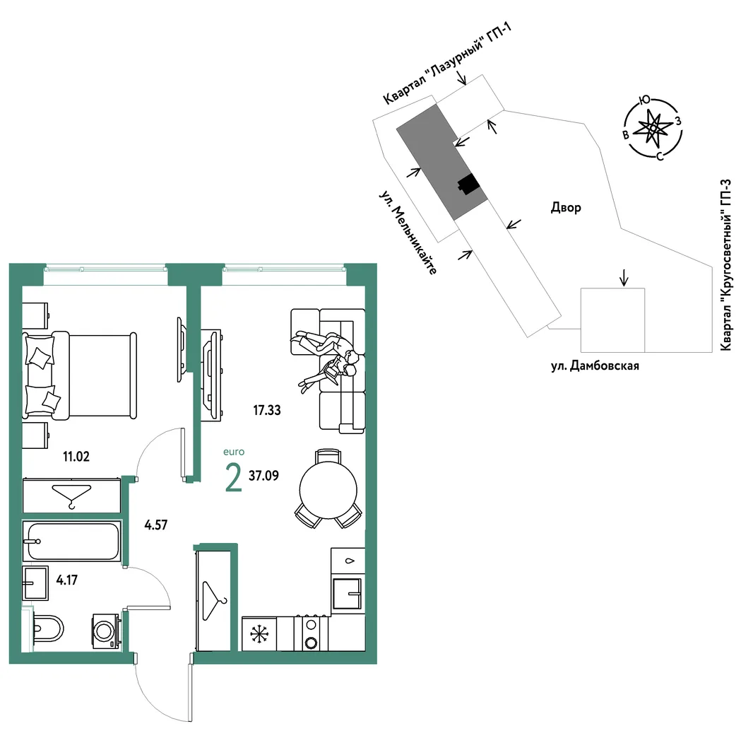 Планировка 2-комн. квартира, 37.09 м² ЖК «Страна Прибрежная»
