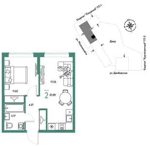 Планировка 2-комн. квартира, 37.09 м² ЖК «Страна Прибрежная»