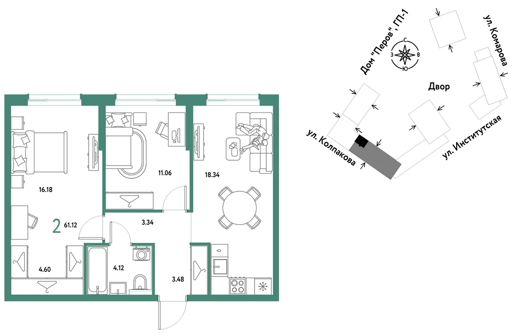 Планировка 2-комн. квартира, 61.12 м² ЖК «Страна.Парковая»