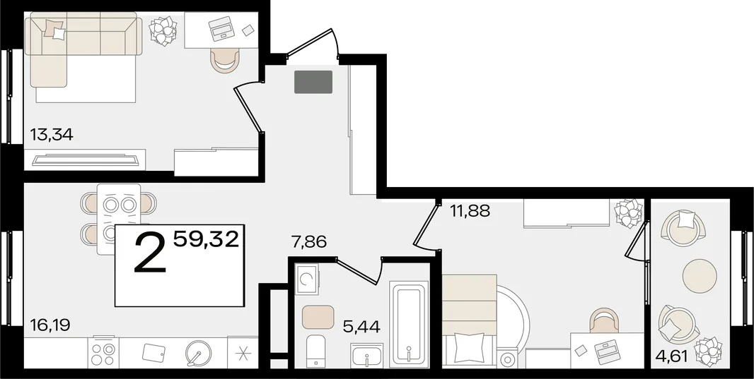 Планировка 2-комн. квартира, 59.32 м² ЖК «Патрики»