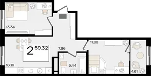Планировка 2-комн. квартира, 59.32 м² ЖК «Патрики»