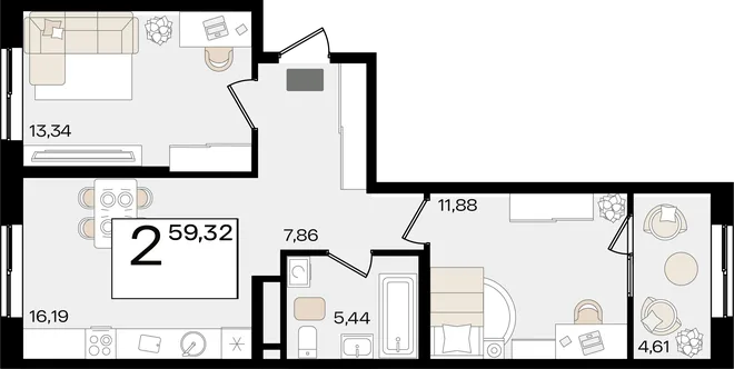 Планировка 2-комн. квартира, 59.32 м² ЖК «Патрики» Планировка 2-комн. квартира, 59.32 м² ЖК «Патрики»
