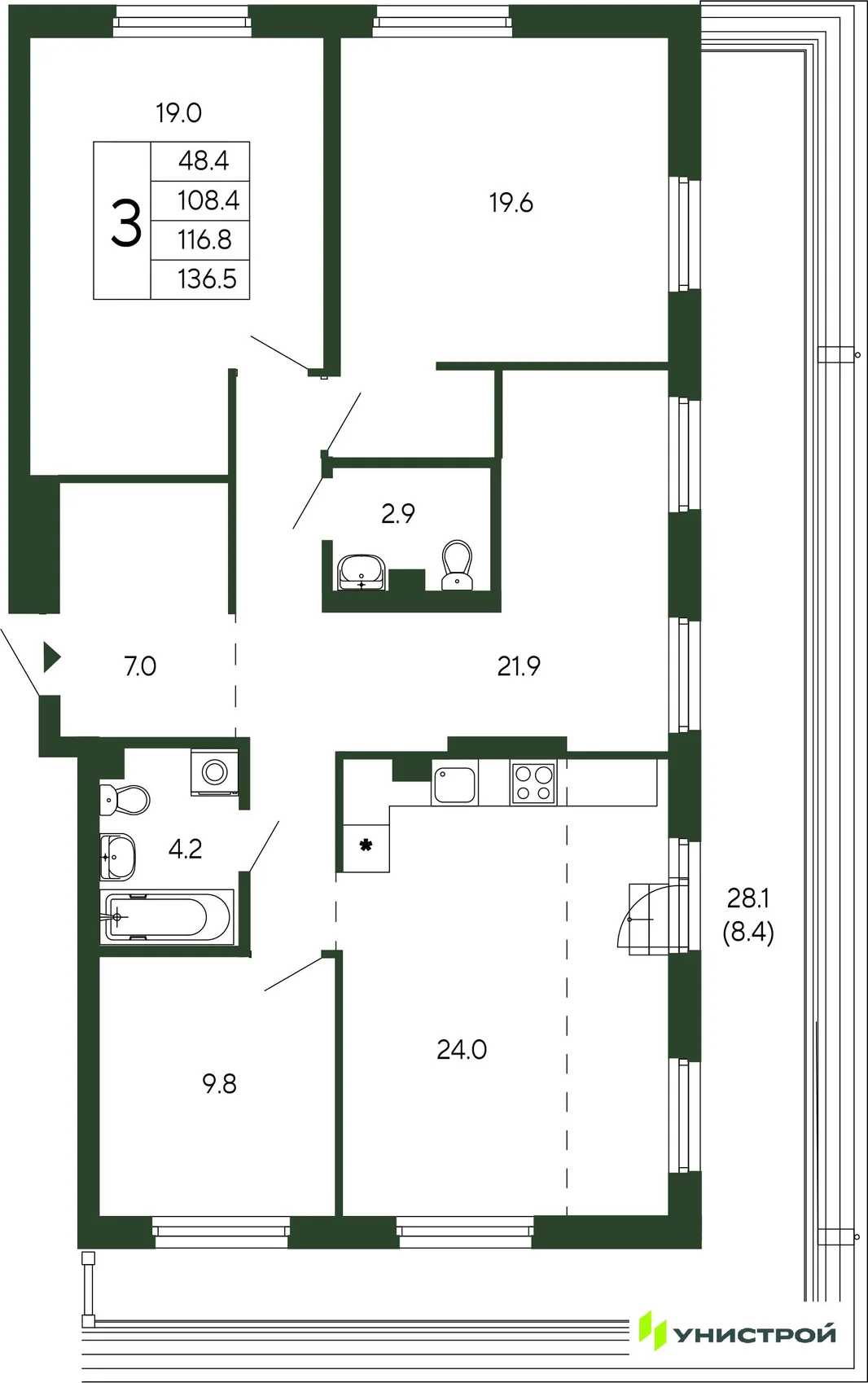 Планировка 3-комн. квартира, 116.8 м² ЖК «Парковый квартал 2.0»
