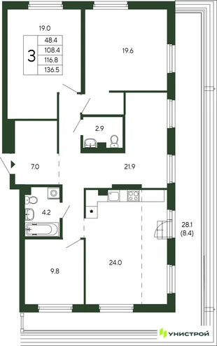 Планировка 3-комн. квартира, 116.8 м² ЖК «Парковый квартал 2.0»