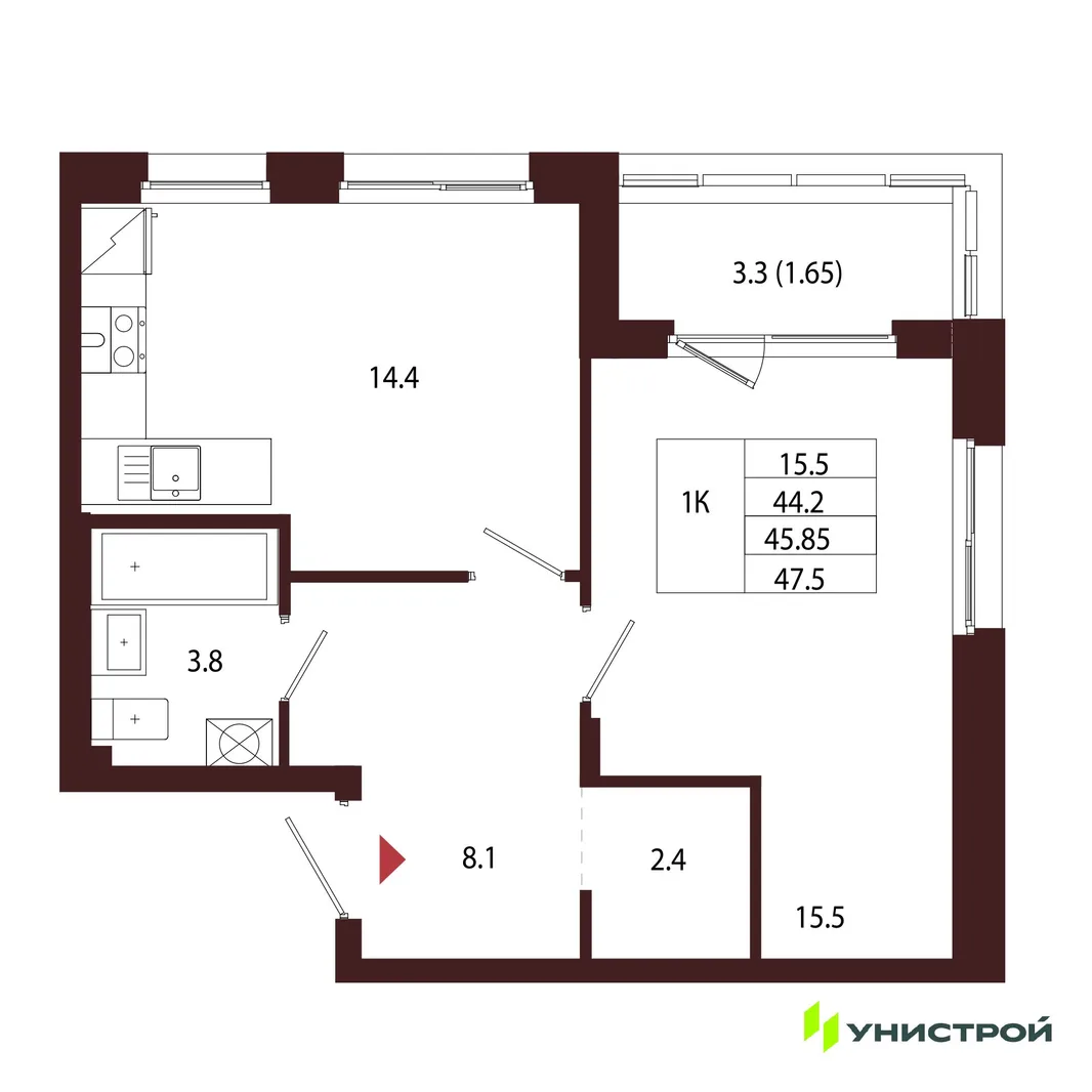 Планировка 1-комн. квартира, 45.85 м² ЖК «Лисино»