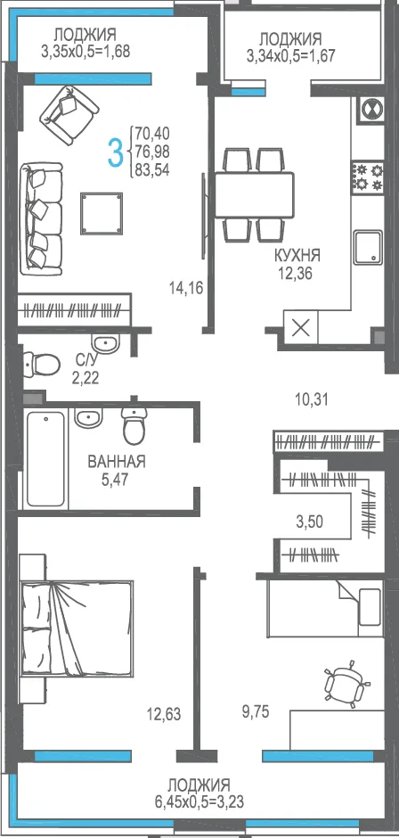 Планировка 3-комн. квартира, 76.98 м² ЖК «На Фонтанке»