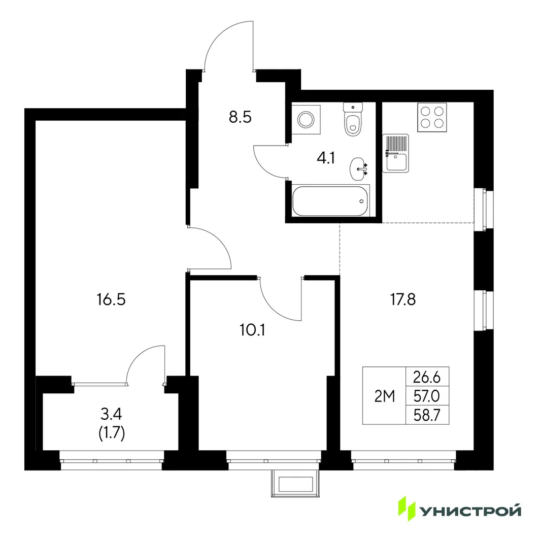 Планировка 2-комн. квартира, 58.7 м² ЖК «Стадиум»