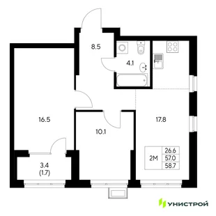 Планировка 2-комн. квартира, 58.7 м² ЖК «Стадиум»