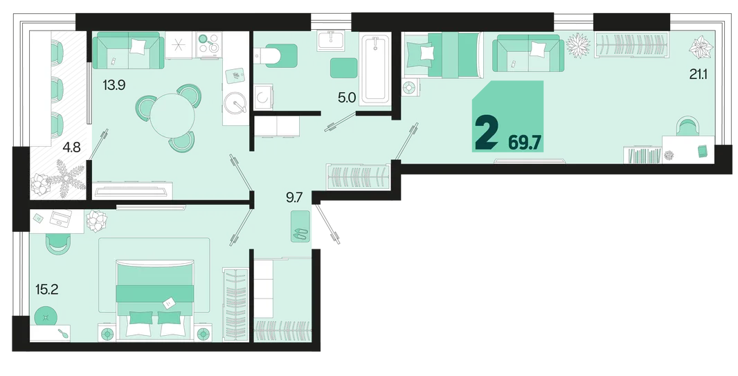 Планировка 2-комн. квартира, 69.7 м² ЖК «Первое место»