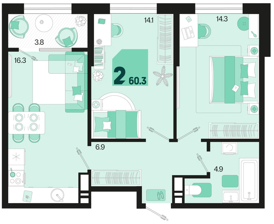 Планировка 2-комн. квартира, 60.3 м² ЖК «Первое место»