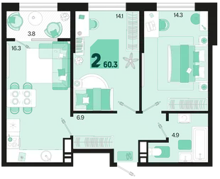 Планировка 2-комн. квартира, 60.3 м² ЖК «Первое место»