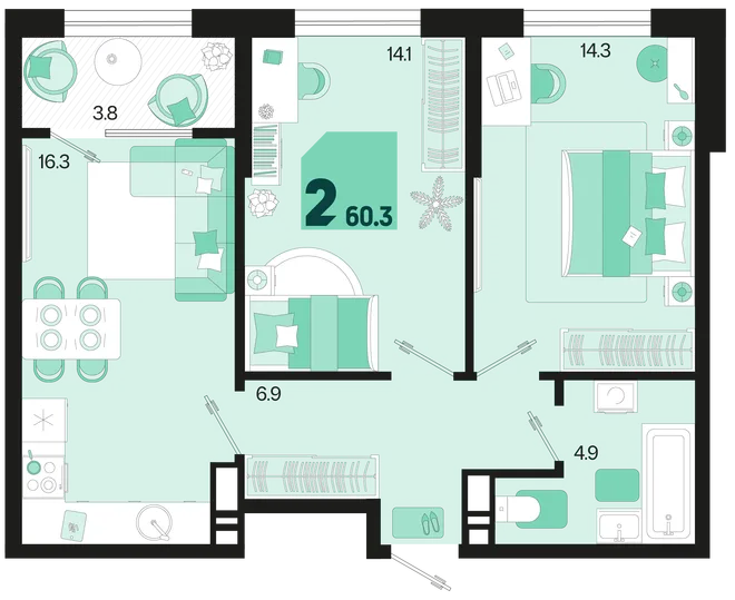 Планировка 2-комн. квартира, 60.3 м² ЖК «Первое место»