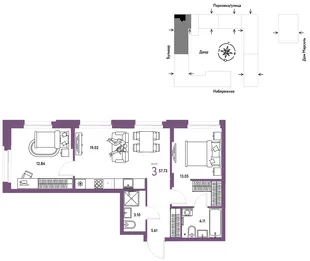 Планировка 3-комн. квартира, 57.73 м² ЖК «Европейский берег 2.0»