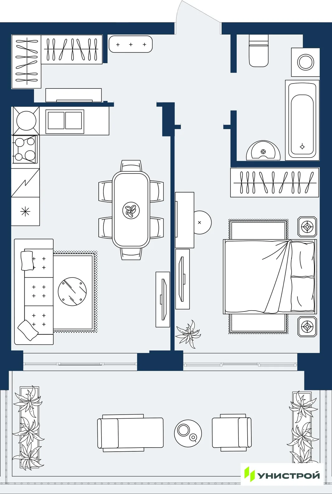 Планировка 1-комн. квартира, 45.86 м² ЖК «ГРАНД БЕРЕГ»