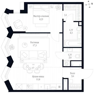 Квартира 2-комн. квартира, 55.6 м² ЖК «Фордевинд» Фото 1 Квартира 2-комн. квартира, 55.6 м² ЖК «Фордевинд» Фото 1