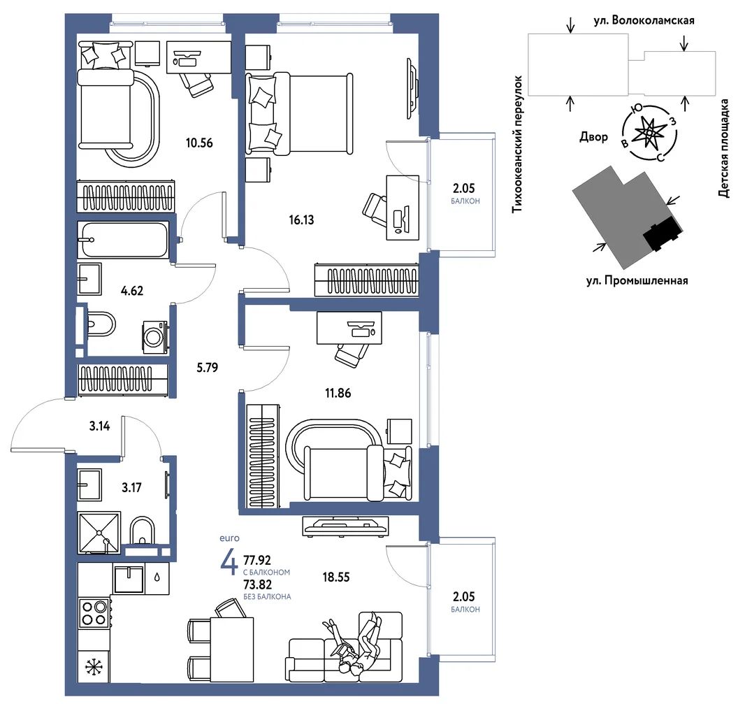 Планировка 4-комн. квартира, 77.92 м² ЖК «Страна Прибрежная»