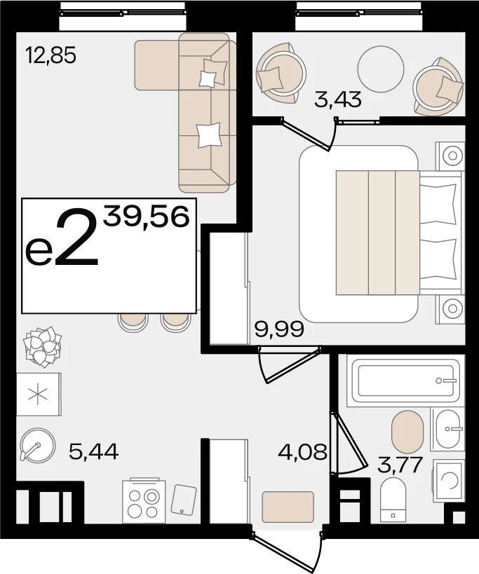 Планировка 2-комн. квартира, 39.56 м² ЖК «Патрики»