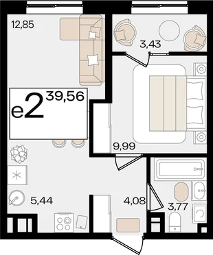 Планировка 2-комн. квартира, 39.56 м² ЖК «Патрики»