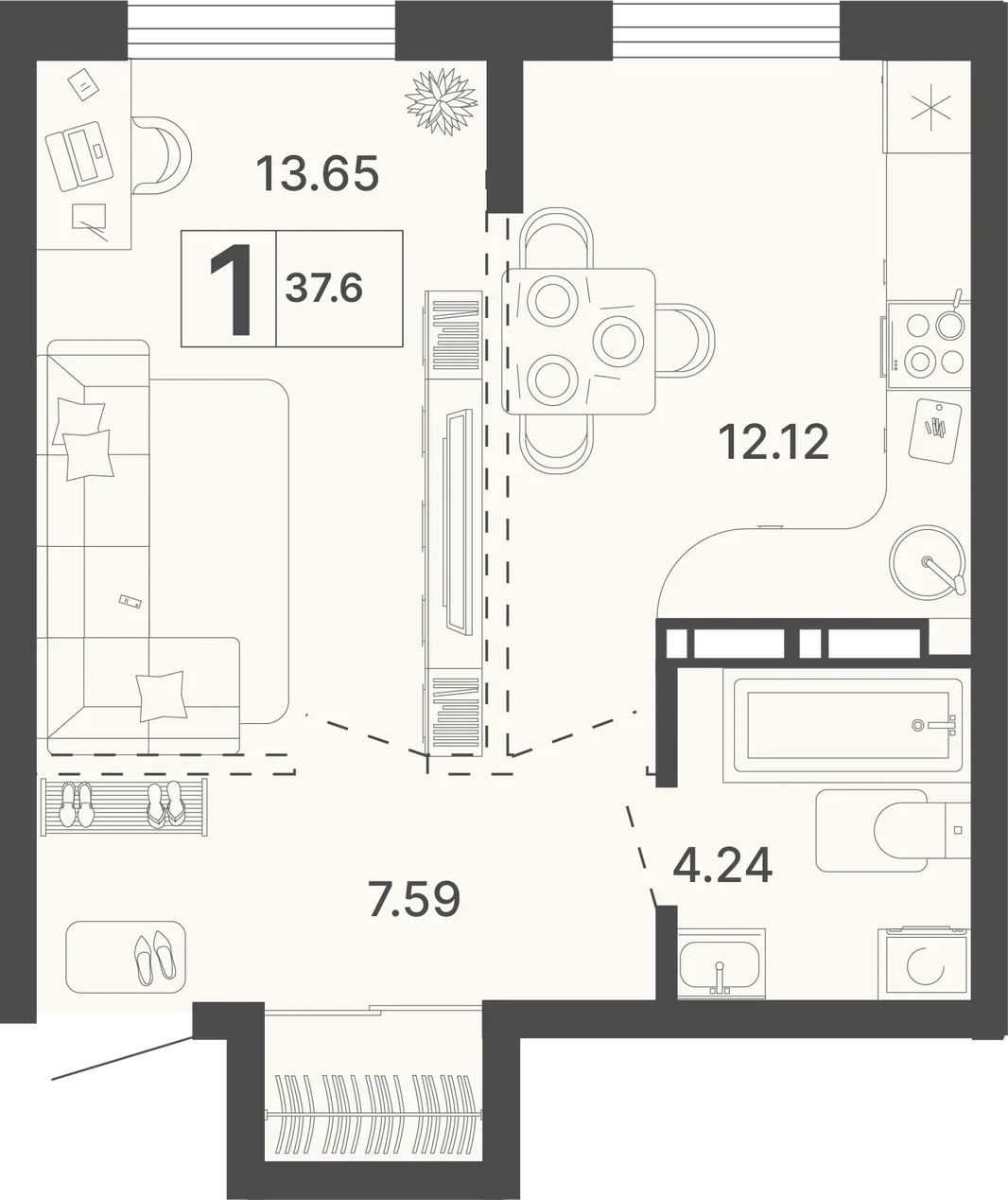 Планировка 1-комн. квартира, 37.6 м² ЖК «Светский лес»