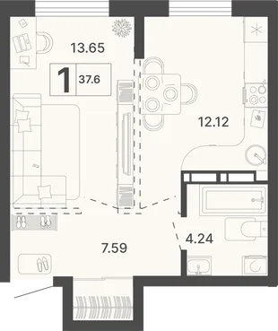 Планировка 1-комн. квартира, 37.6 м² ЖК «Светский лес»