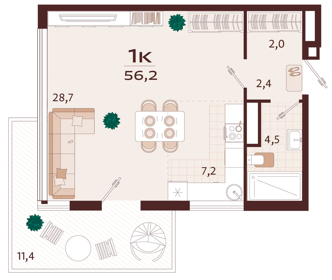 Планировка 1-комн. квартира, 56.2 м² ЖК «Роялта»