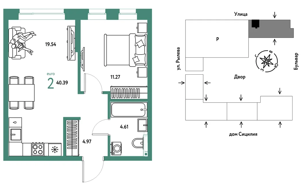 Планировка 2-комн. квартира, 40.39 м² ЖК «Остров-сад»