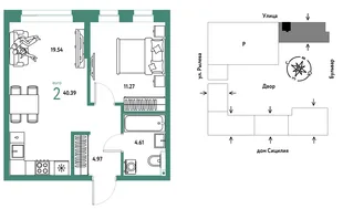Планировка 2-комн. квартира, 40.39 м² ЖК «Остров-сад»