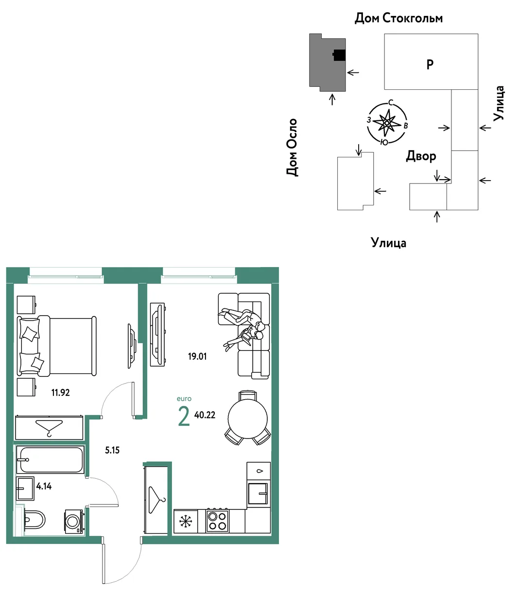 Планировка 2-комн. квартира, 40.22 м² ЖК «Европейский берег 2.0»