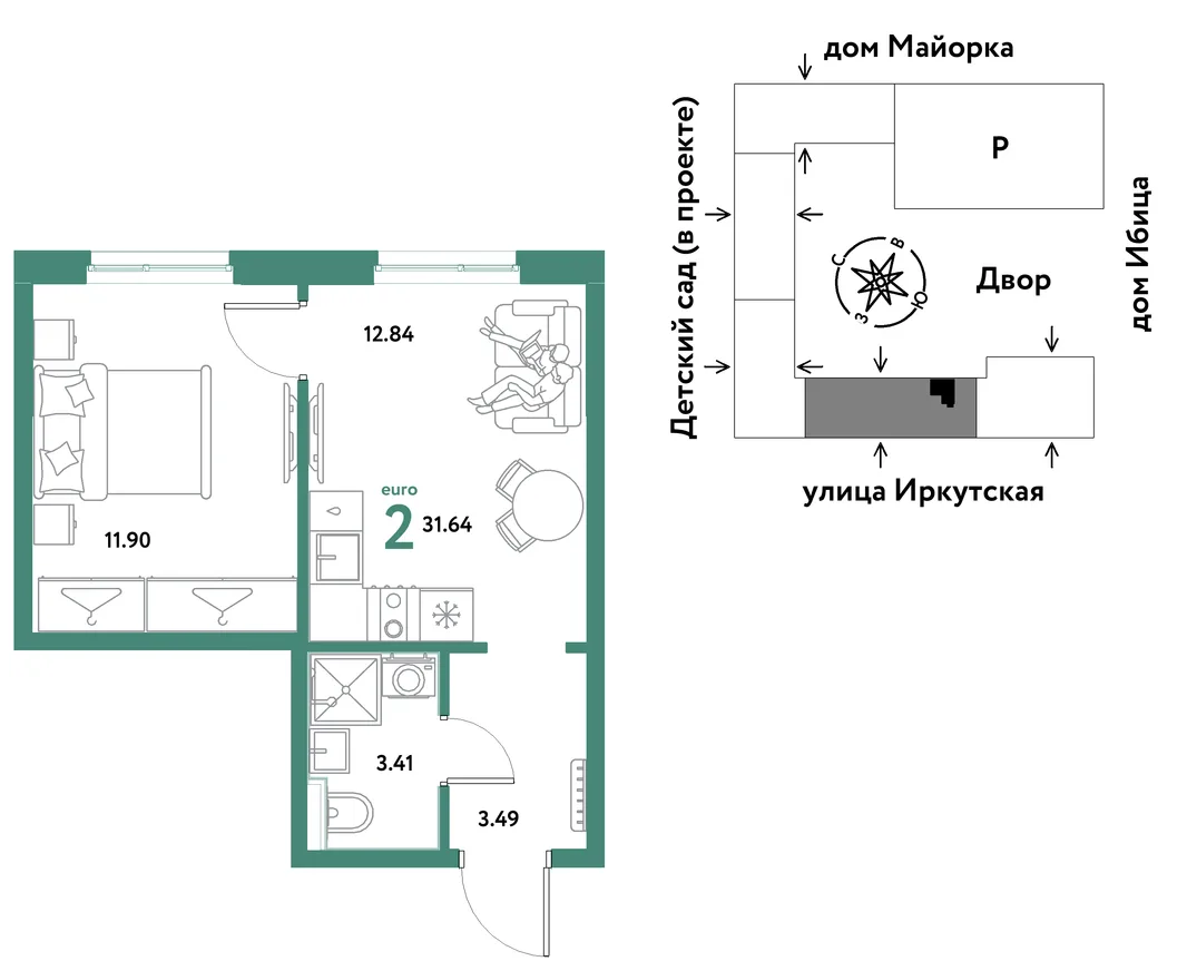 Планировка 2-комн. квартира, 31.64 м² ЖК «Остров-сад»