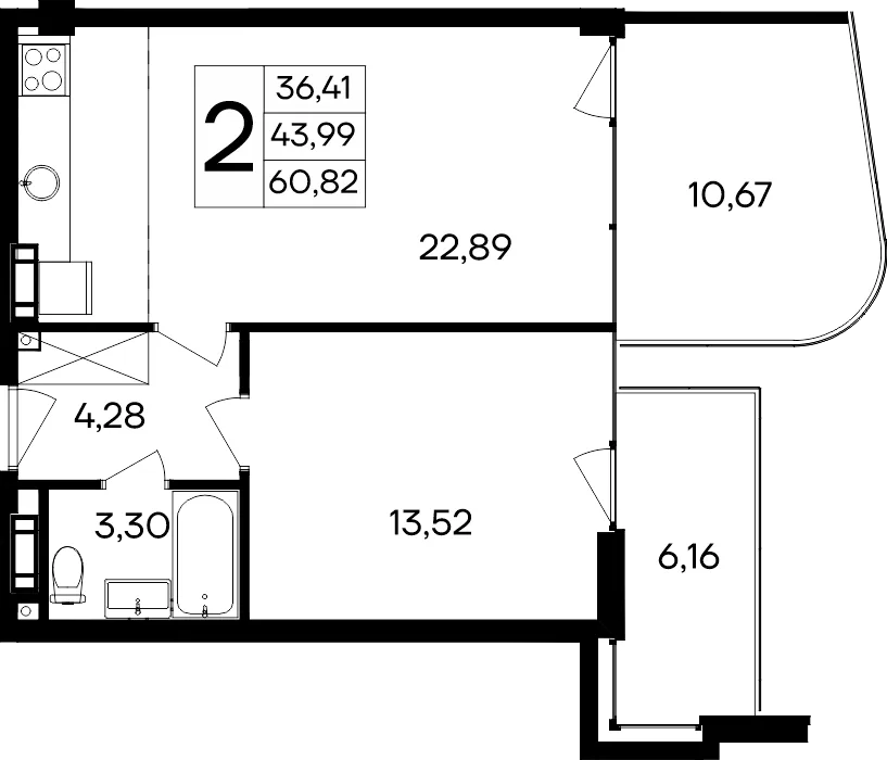Планировка 2-комн. квартира, 60.82 м² Курортный кластер «САГА»