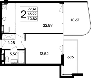 Планировка 2-комн. квартира, 60.82 м² Курортный кластер «САГА»