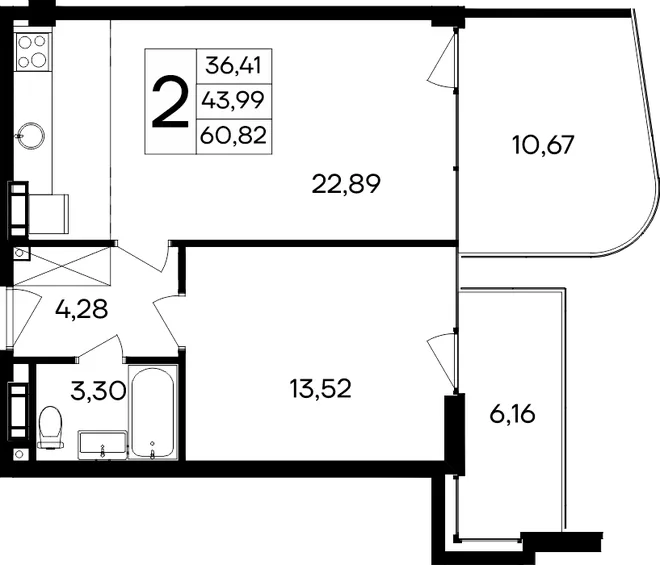 Планировка 2-комн. квартира, 60.82 м² Курортный кластер «САГА»