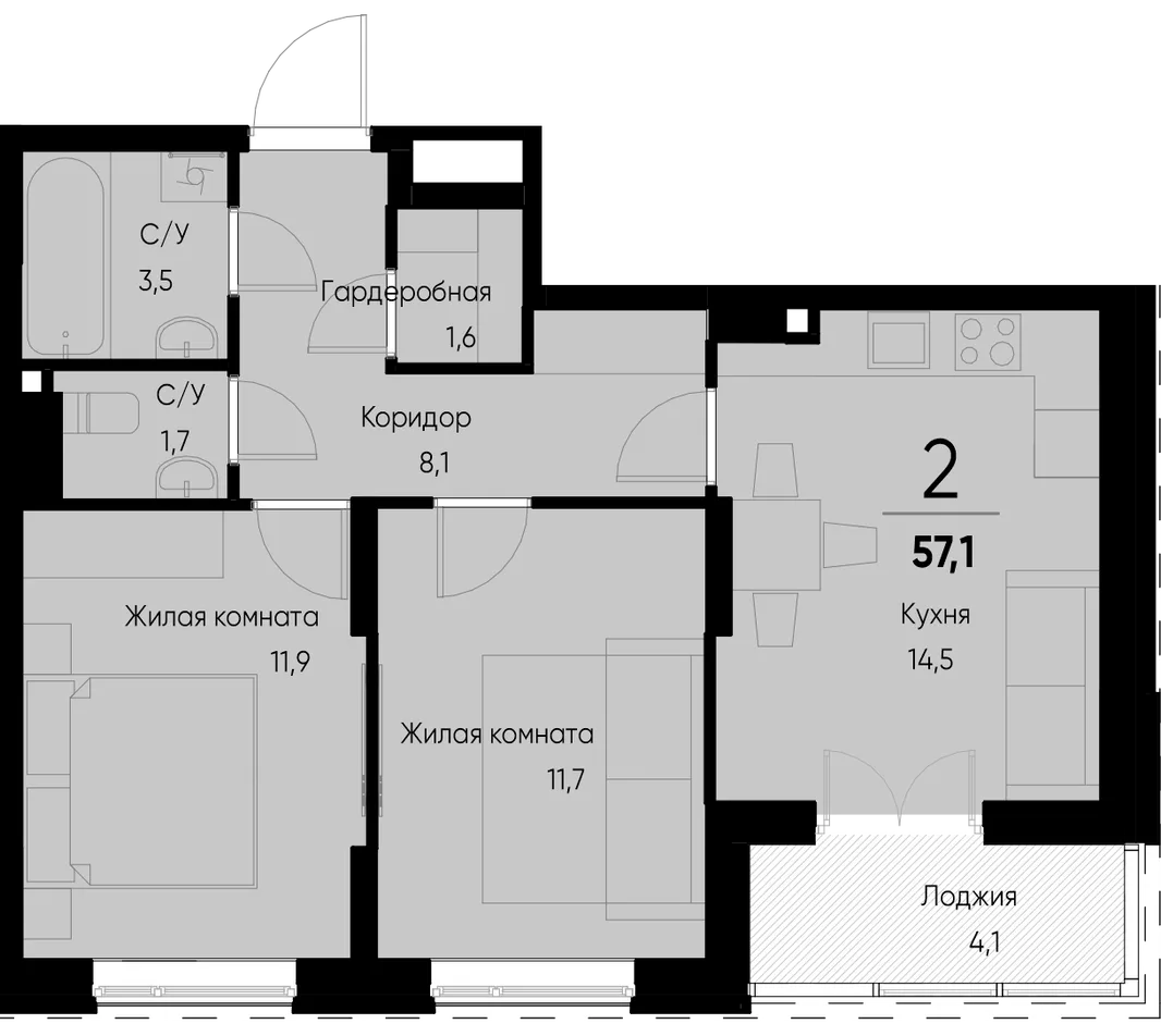 Планировка 2-комн. квартира, 57 м² ЖК «Васильевский остров»