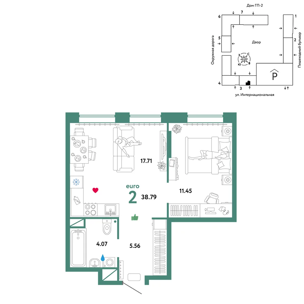 Планировка 2-комн. квартира, 38.79 м² ЖК «Юнион»