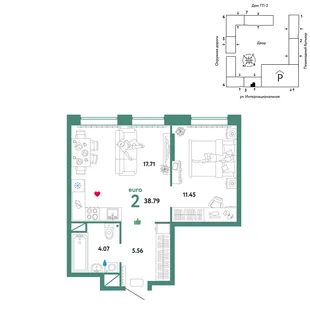 Планировка 2-комн. квартира, 38.79 м² ЖК «Юнион»