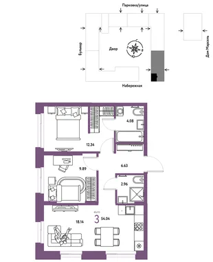 Планировка 3-комн. квартира, 54.04 м² ЖК «Европейский берег 2.0»