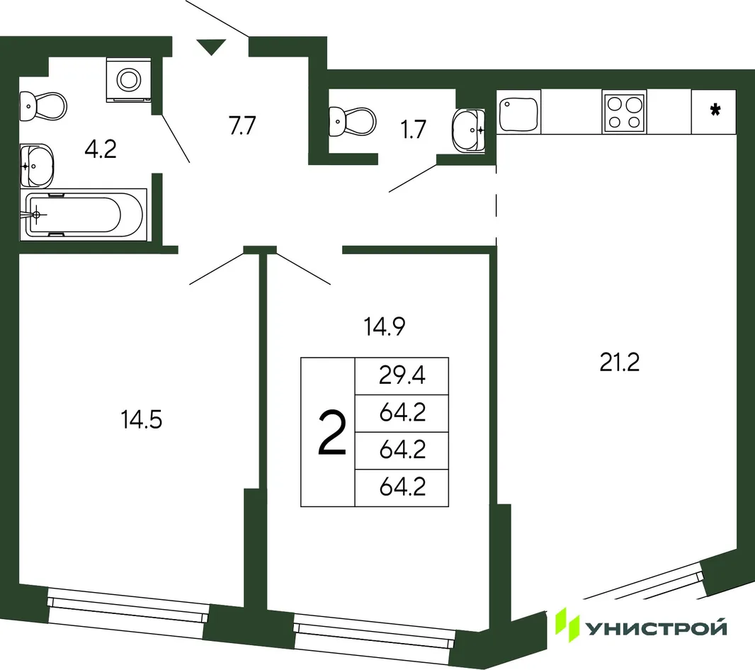 Планировка 2-комн. квартира, 64.2 м² ЖК «Парковый квартал 2.0»