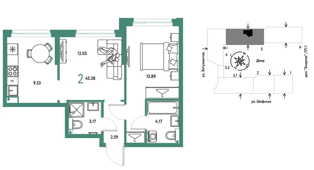Планировка 2-комн. квартира, 45.38 м² ЖК «Страна.Энтузиастов»