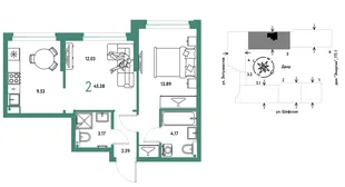 Планировка 2-комн. квартира, 45.38 м² ЖК «Страна.Энтузиастов»
