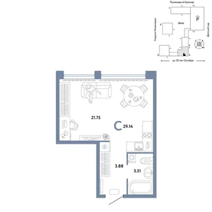 Планировка Студия, 29.14 м² ЖК «Сердце Сибири»