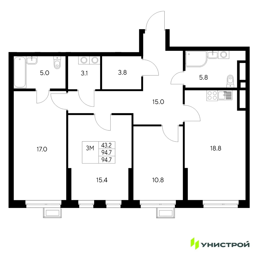 Планировка 3-комн. квартира, 94.7 м² ЖК «Стадиум»